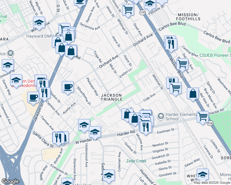 map of restaurants, bars, coffee shops, grocery stores, and more near 317 Berry Avenue in Hayward