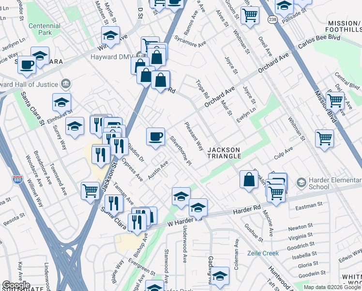 map of restaurants, bars, coffee shops, grocery stores, and more near 25028 Silverthorne Place in Hayward
