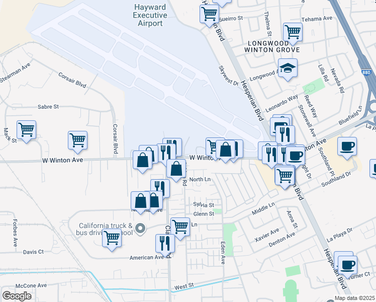 map of restaurants, bars, coffee shops, grocery stores, and more near in Hayward