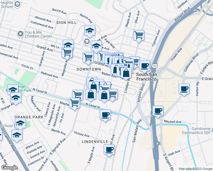 map of restaurants, bars, coffee shops, grocery stores, and more near 1 Maple Avenue in South San Francisco