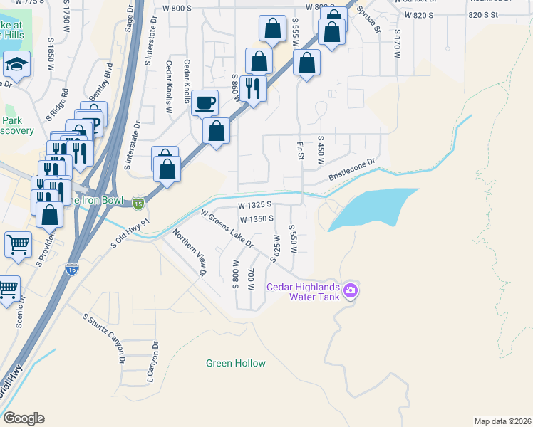 map of restaurants, bars, coffee shops, grocery stores, and more near 730 West Carousel Circle in Cedar City