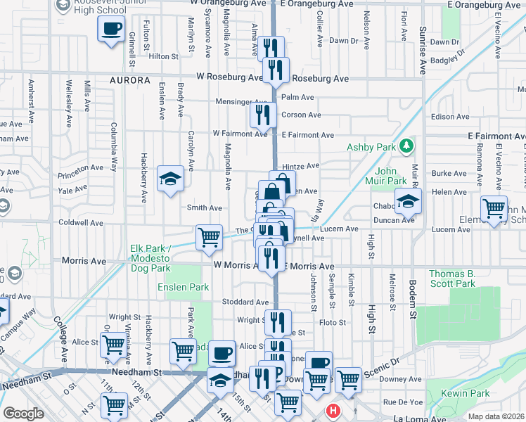 map of restaurants, bars, coffee shops, grocery stores, and more near 601 McHenry Avenue in Modesto