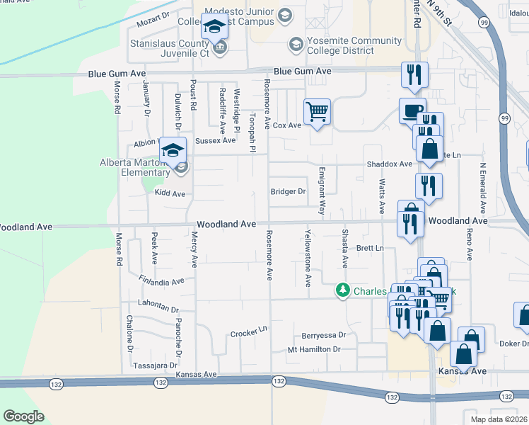 map of restaurants, bars, coffee shops, grocery stores, and more near 2218 Woodland Avenue in Modesto