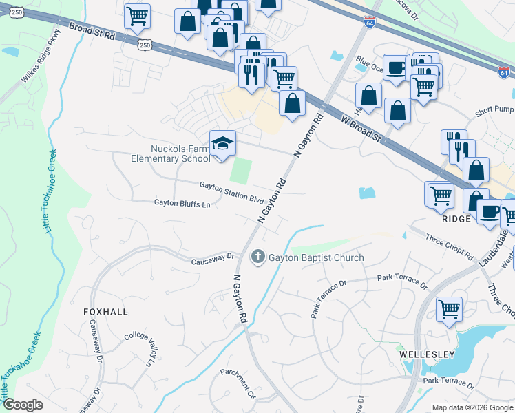 map of restaurants, bars, coffee shops, grocery stores, and more near 12100 Gayton Manor Place in Richmond
