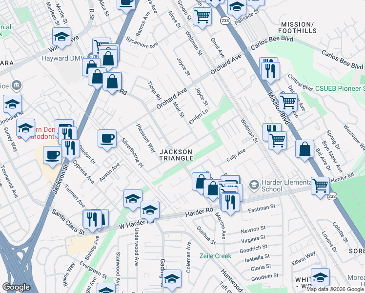 map of restaurants, bars, coffee shops, grocery stores, and more near 317 Berry Avenue in Hayward