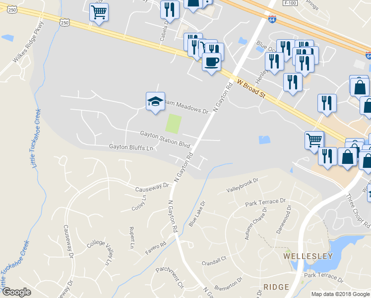 map of restaurants, bars, coffee shops, grocery stores, and more near 12205 Gayton Station Boulevard in Henrico
