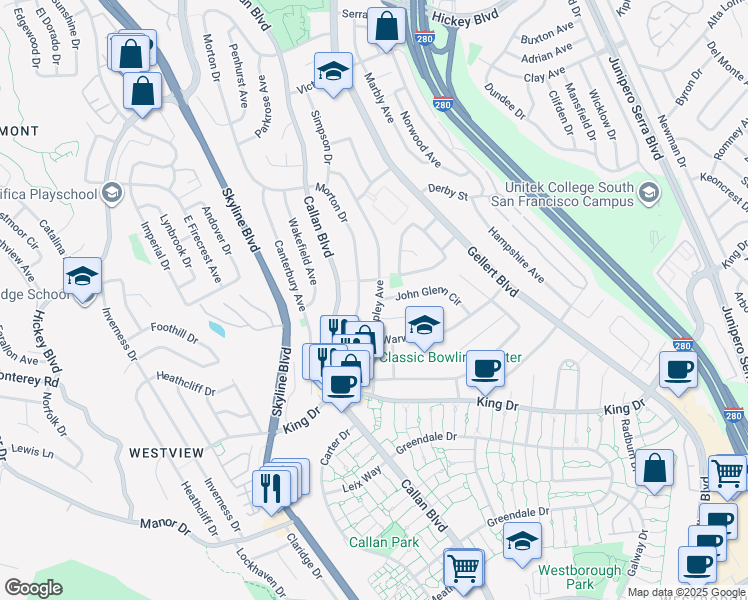 map of restaurants, bars, coffee shops, grocery stores, and more near 262A Shipley Avenue in Daly City