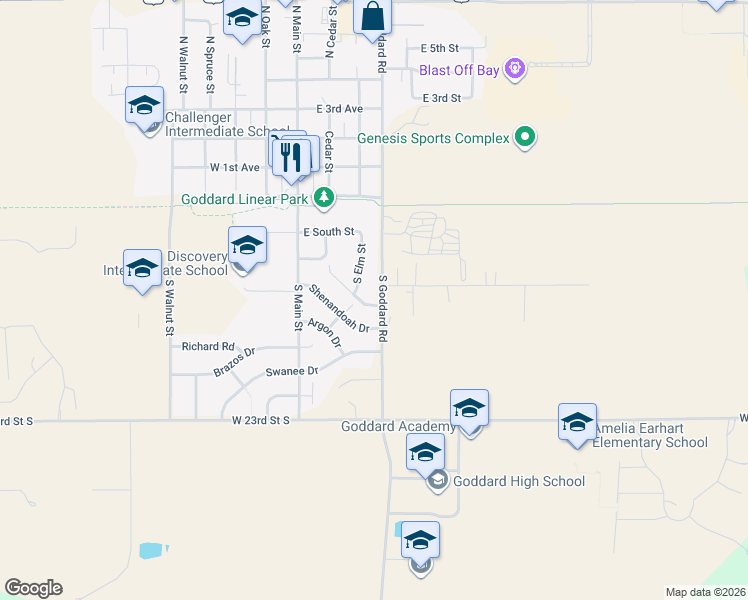 map of restaurants, bars, coffee shops, grocery stores, and more near 28 Shenandoah Dr in Goddard