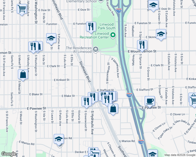 map of restaurants, bars, coffee shops, grocery stores, and more near 2248 South Kansas Avenue in Wichita