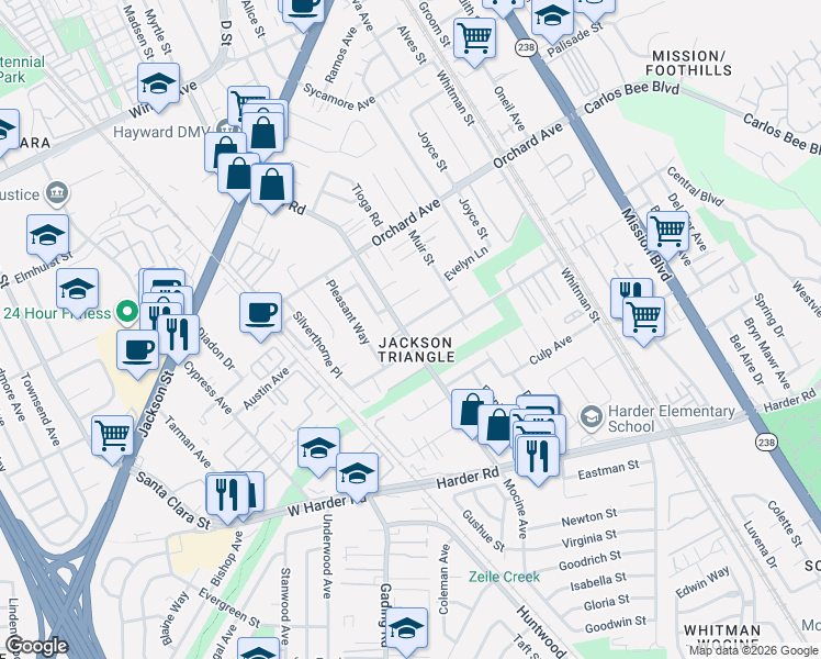 map of restaurants, bars, coffee shops, grocery stores, and more near 25185 Soto Road in Hayward