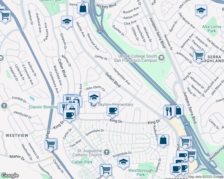 map of restaurants, bars, coffee shops, grocery stores, and more near 127 Warwick Street in Daly City