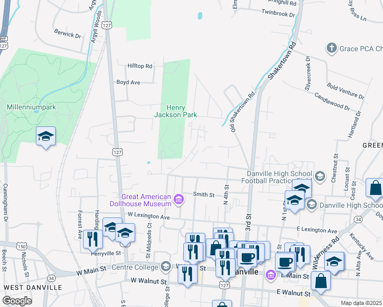 map of restaurants, bars, coffee shops, grocery stores, and more near 105 Holladay Drive in Danville