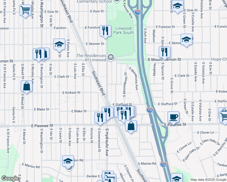 map of restaurants, bars, coffee shops, grocery stores, and more near 2248 South Kansas Avenue in Wichita