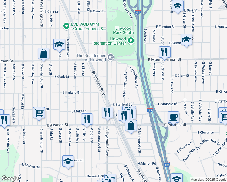 map of restaurants, bars, coffee shops, grocery stores, and more near 2248 South Kansas Avenue in Wichita