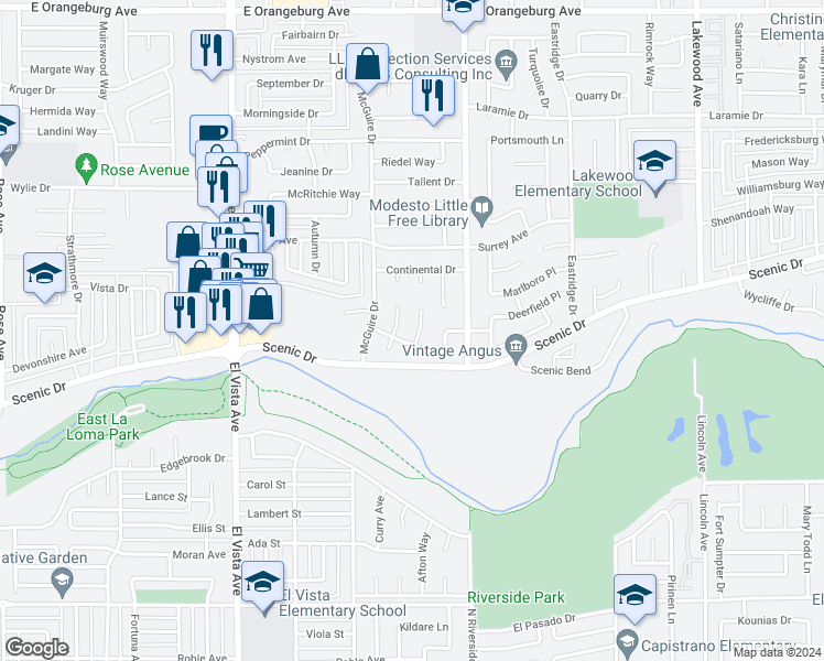map of restaurants, bars, coffee shops, grocery stores, and more near 817 Cobblestone Circle in Modesto