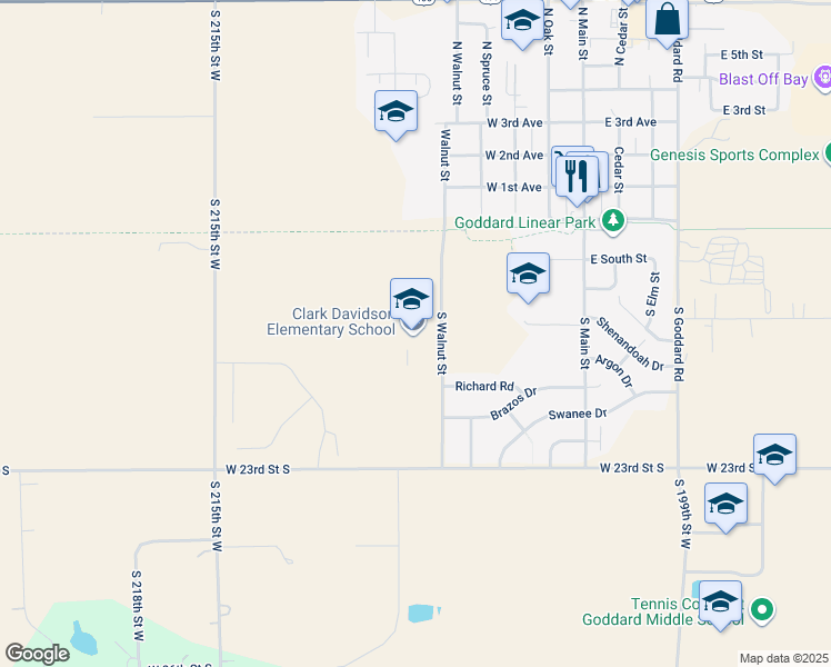 map of restaurants, bars, coffee shops, grocery stores, and more near 333 South Walnut Street in Goddard