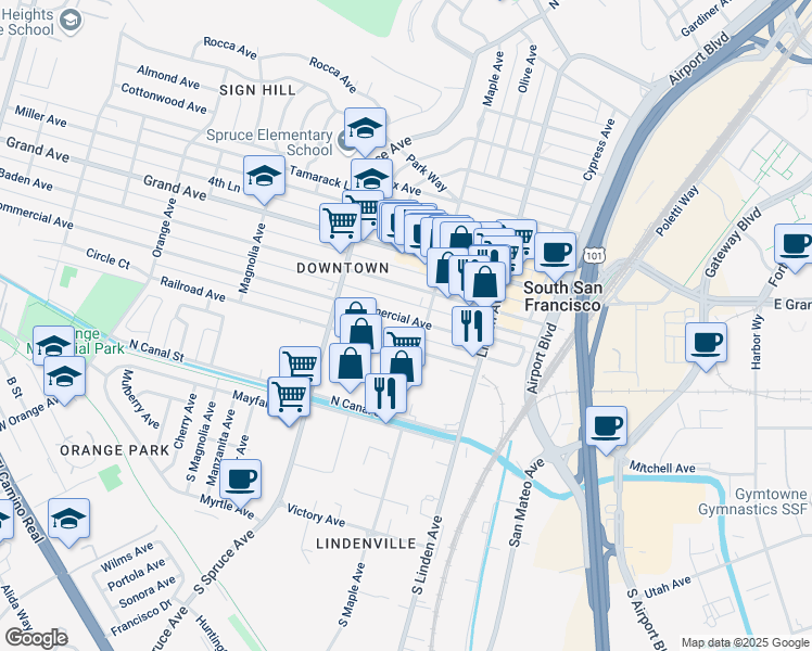 map of restaurants, bars, coffee shops, grocery stores, and more near 415 Commercial Avenue in South San Francisco