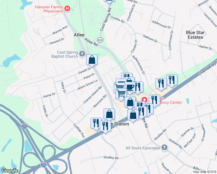 map of restaurants, bars, coffee shops, grocery stores, and more near 8065 Rutland Village Drive in Mechanicsville