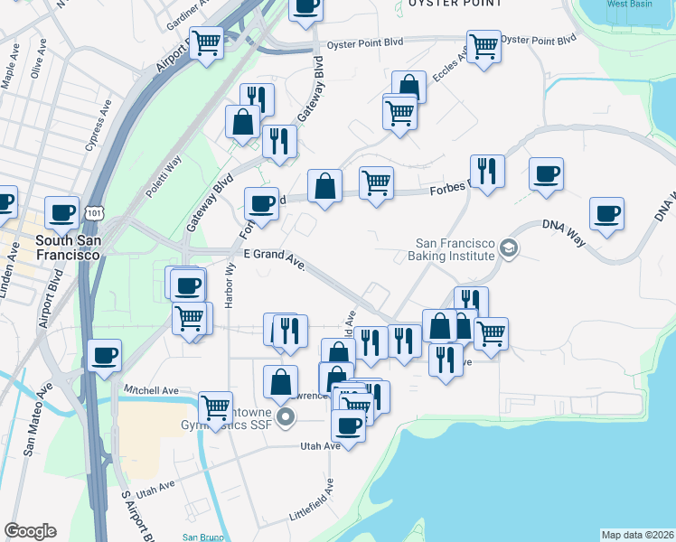 map of restaurants, bars, coffee shops, grocery stores, and more near 269 East Grand Avenue in South San Francisco