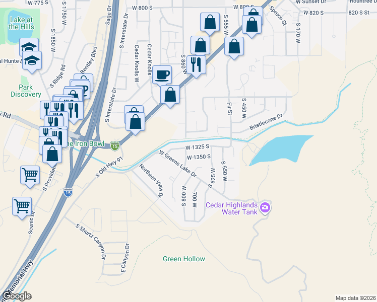 map of restaurants, bars, coffee shops, grocery stores, and more near 722 West 1325 South in Cedar City