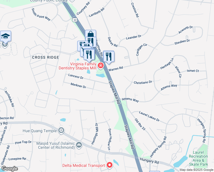 map of restaurants, bars, coffee shops, grocery stores, and more near 3303 Lanceor Drive in Glen Allen