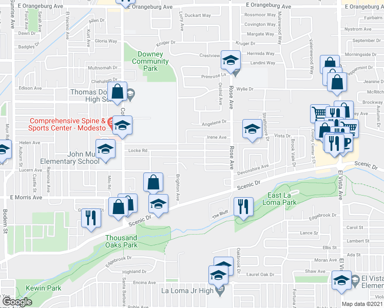 map of restaurants, bars, coffee shops, grocery stores, and more near 720 Brighton Avenue in Modesto