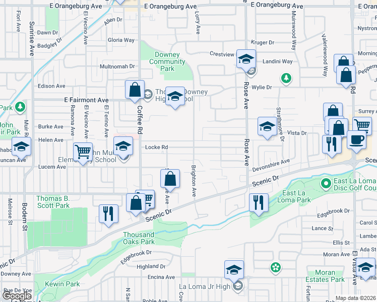 map of restaurants, bars, coffee shops, grocery stores, and more near 1421 Locke Road in Modesto
