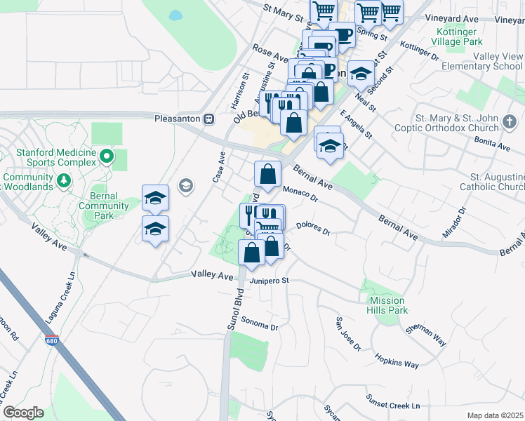 map of restaurants, bars, coffee shops, grocery stores, and more near 5099 Monaco Drive in Pleasanton