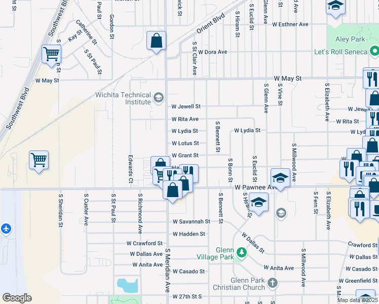 map of restaurants, bars, coffee shops, grocery stores, and more near 2402 West Lotus Street in Wichita