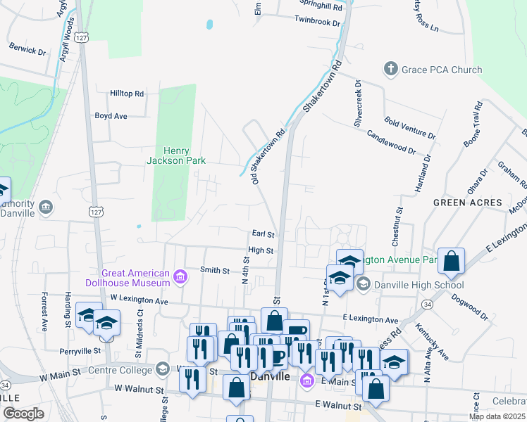 map of restaurants, bars, coffee shops, grocery stores, and more near 635 3rd Street in Danville
