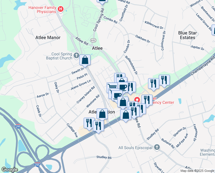 map of restaurants, bars, coffee shops, grocery stores, and more near 8027 Ellendale Drive in Mechanicsville