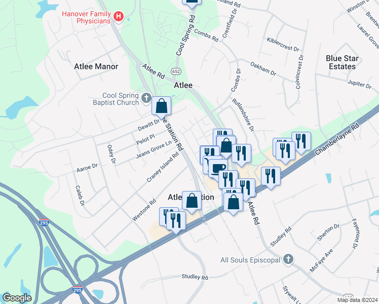 map of restaurants, bars, coffee shops, grocery stores, and more near 8043 Rutland Village Drive in Mechanicsville