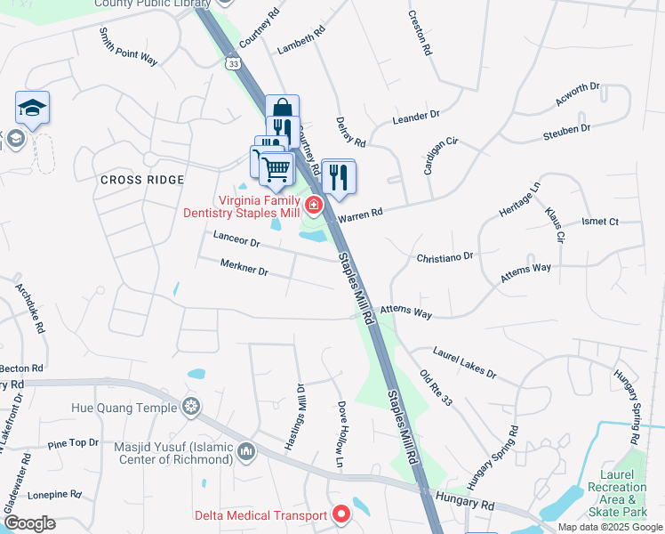 map of restaurants, bars, coffee shops, grocery stores, and more near 3303 Lanceor Drive in Glen Allen