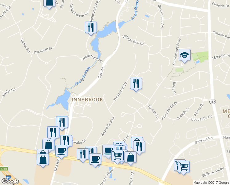 map of restaurants, bars, coffee shops, grocery stores, and more near 4368 Thorncroft Drive in Glen Allen