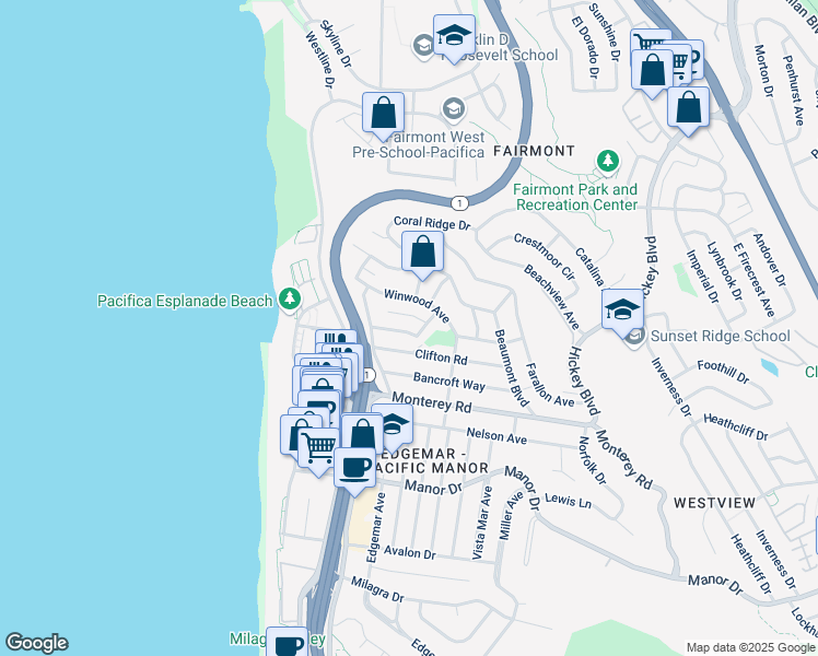 map of restaurants, bars, coffee shops, grocery stores, and more near 425 Bally Way in Pacifica