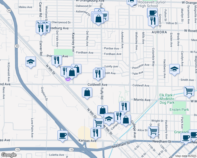 map of restaurants, bars, coffee shops, grocery stores, and more near in Modesto