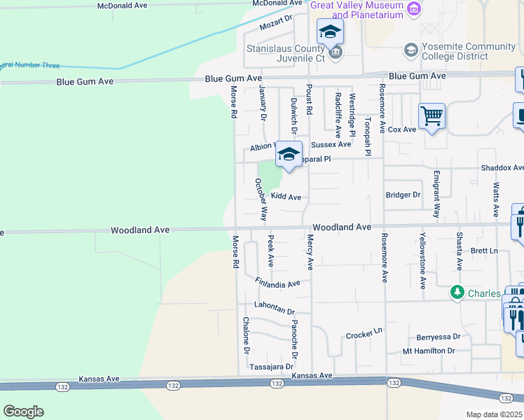 map of restaurants, bars, coffee shops, grocery stores, and more near 2708 Kidd Avenue in Modesto