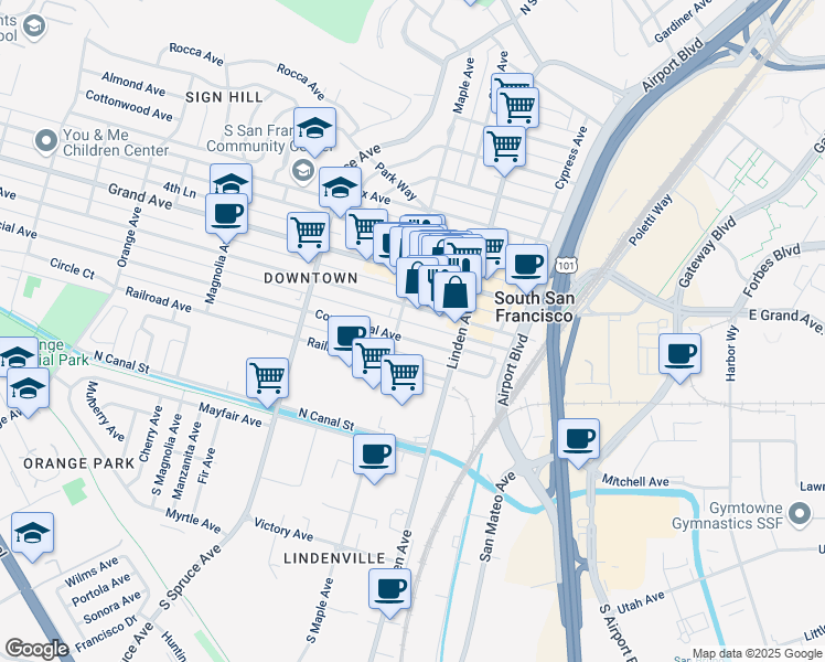 map of restaurants, bars, coffee shops, grocery stores, and more near 337 Baden Avenue in South San Francisco