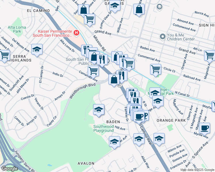 map of restaurants, bars, coffee shops, grocery stores, and more near 975 El Camino Real in South San Francisco