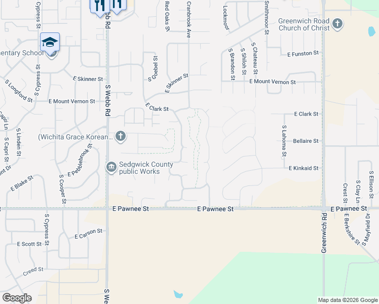map of restaurants, bars, coffee shops, grocery stores, and more near 2118 South Stoneybrook Court in Wichita