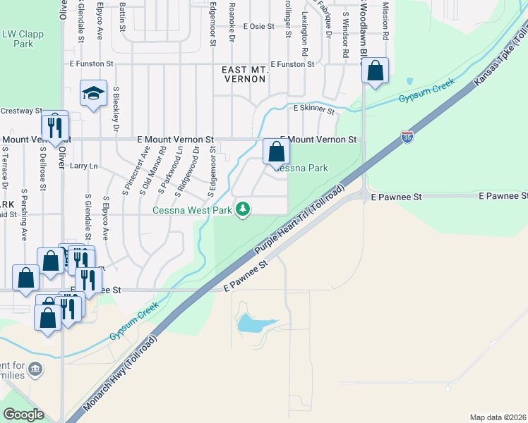 map of restaurants, bars, coffee shops, grocery stores, and more near 5935 Bellaire Street in Wichita