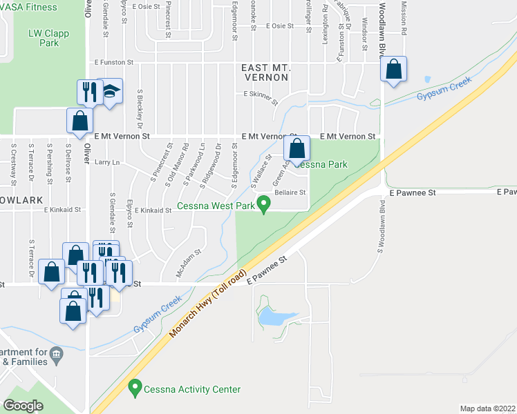map of restaurants, bars, coffee shops, grocery stores, and more near 2173 South Wallace Street in Wichita