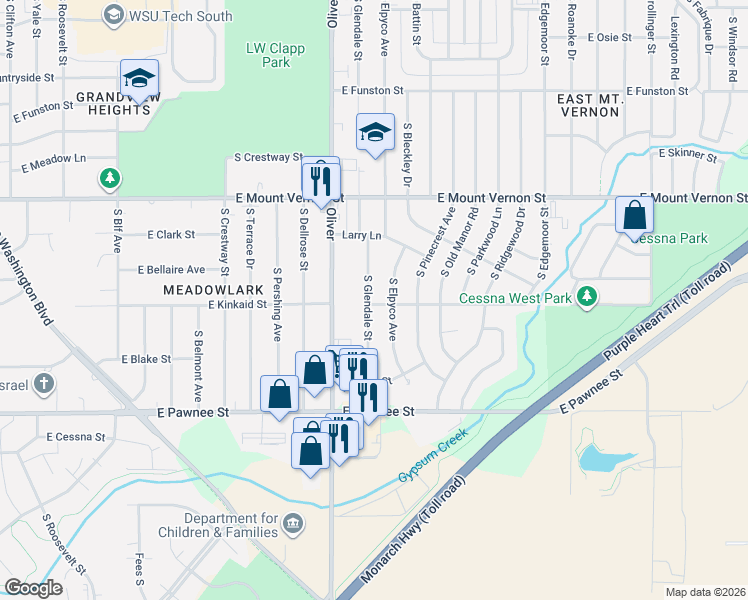 map of restaurants, bars, coffee shops, grocery stores, and more near 2171 Elpyco Street in Wichita