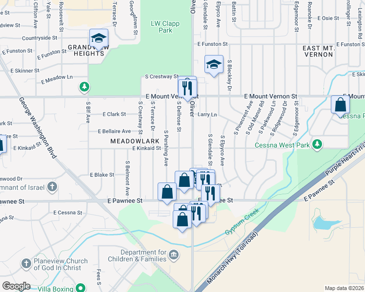 map of restaurants, bars, coffee shops, grocery stores, and more near 2135 Oliver in Wichita