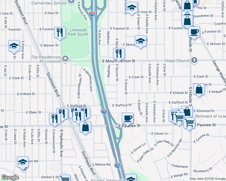 map of restaurants, bars, coffee shops, grocery stores, and more near 2213 East Hodson Street in Wichita