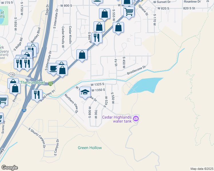 map of restaurants, bars, coffee shops, grocery stores, and more near 1333 South 625 West in Cedar City