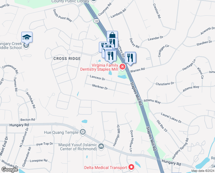 map of restaurants, bars, coffee shops, grocery stores, and more near 3406 Merkner Drive in Glen Allen