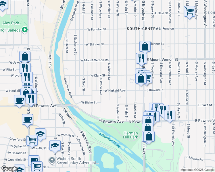 map of restaurants, bars, coffee shops, grocery stores, and more near 2123 South Wichita Street in Wichita