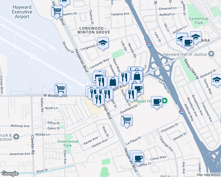 map of restaurants, bars, coffee shops, grocery stores, and more near 23874 Wright Drive in Hayward