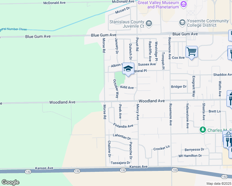 map of restaurants, bars, coffee shops, grocery stores, and more near 2708 Kidd Avenue in Modesto